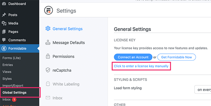 Inserisci la chiave di licenza di Formidable Forms