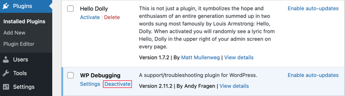 Desative o plug-in de depuração WP