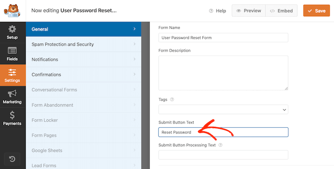 Customizing the text in a password reset form