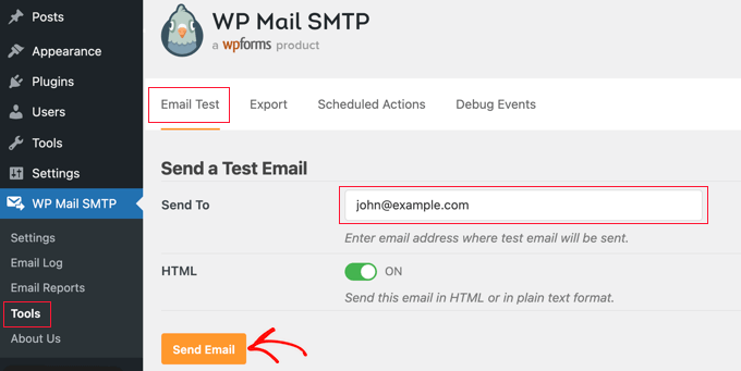 به WP Mail SMTP » Tools بروید