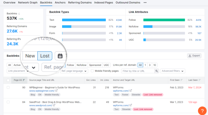 View lost backlinks in Semrush