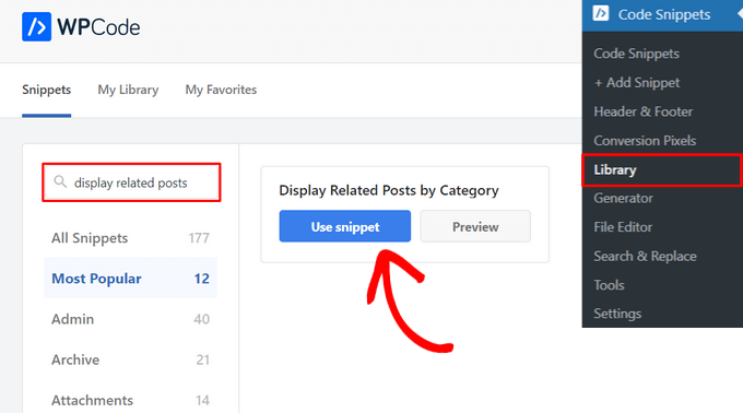 Search for the Display Related Posts by Category snippet in the WPCode library