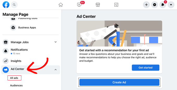 Open the Facebook Ad Center