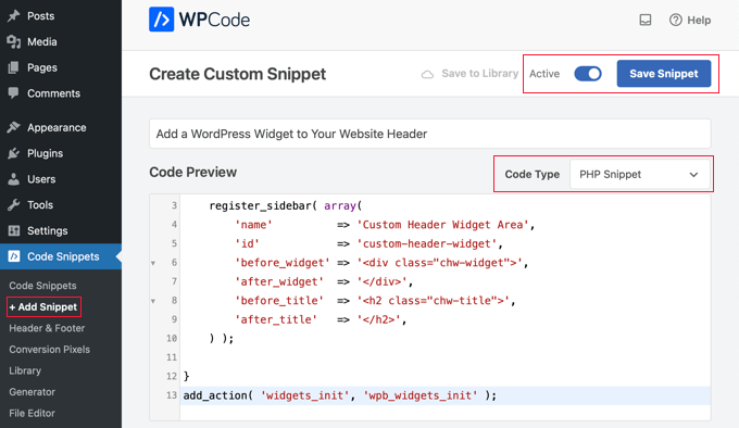 将代码片段添加到 WPCode