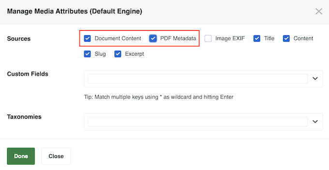 Adding PDF contents and metadata to the WordPress search