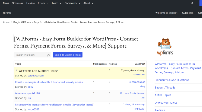 WordPress support forum