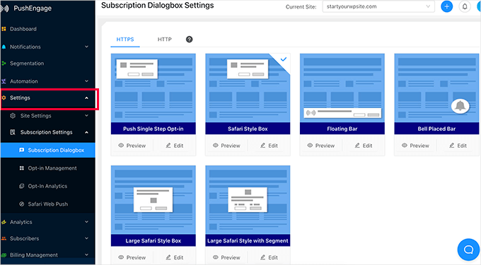 Subscription dialog box types