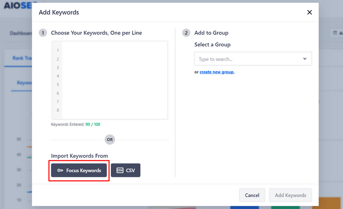 Import focus keywords to track