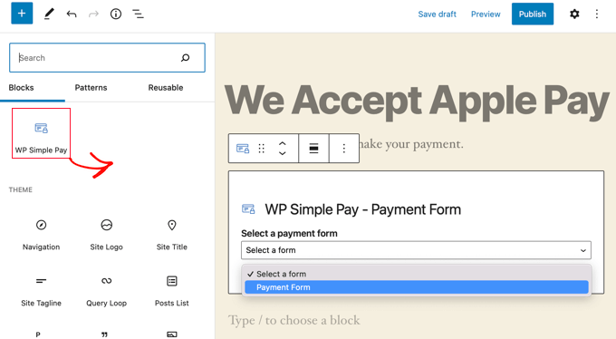 将 WP Simple Pay 块添加到帖子或页面