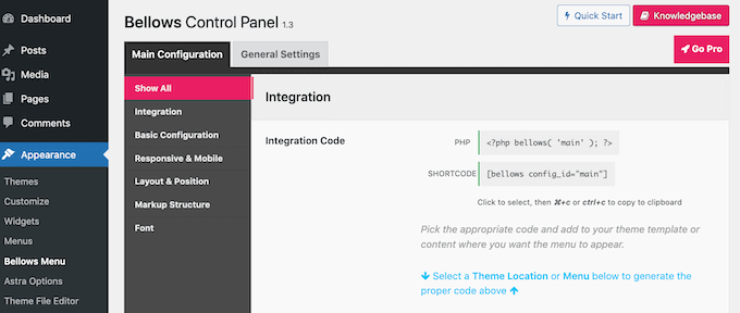 The collapsible menu shortcode in the WordPress dashboard.