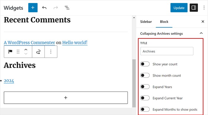 Configuring the Collapsing Archives block in WordPress