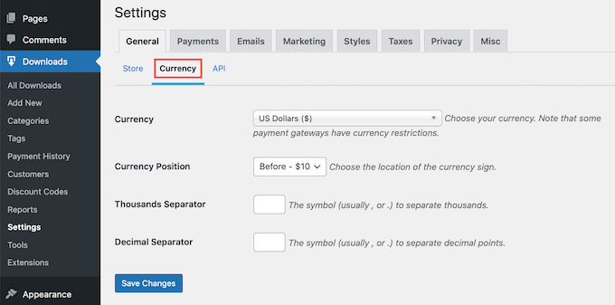 Easy Digital Downloads的货币设置