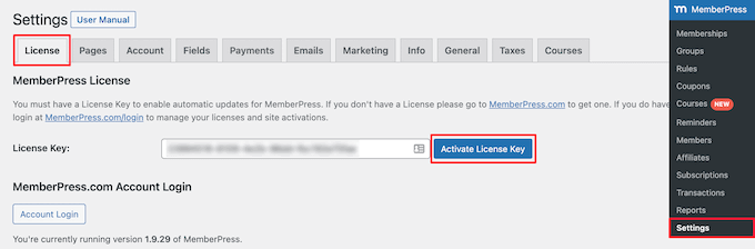 Ative a chave de licença MemberPress