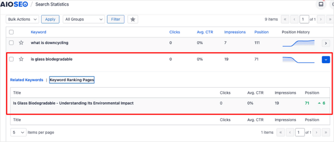 See keyword ranking pages in AIOSEO's Search Statistics