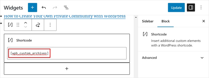 Pasting the shortcode to limit the number of archive months in WordPress