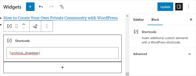 Pasting the shortcode for monthly and yearly archives dropdown menus in WordPress
