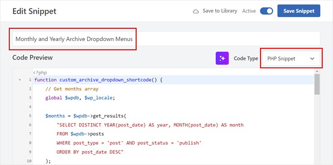 Creating a new custom code for monthly and yearly archives dropdown menus in WPCode