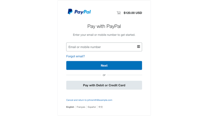 Tela de pagamento com PayPal