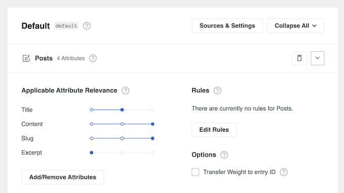 An example of attributes with different relevancy settings in a custom search algorithm 