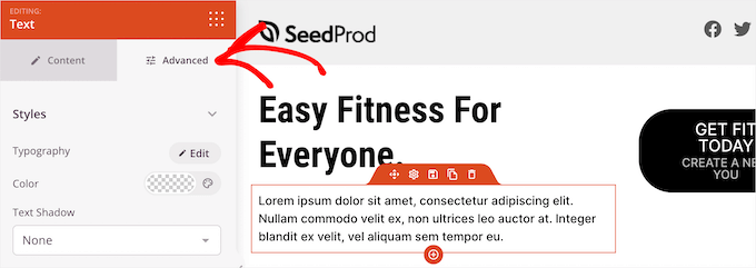 单击 SeedProd 构建器中的高级选项卡