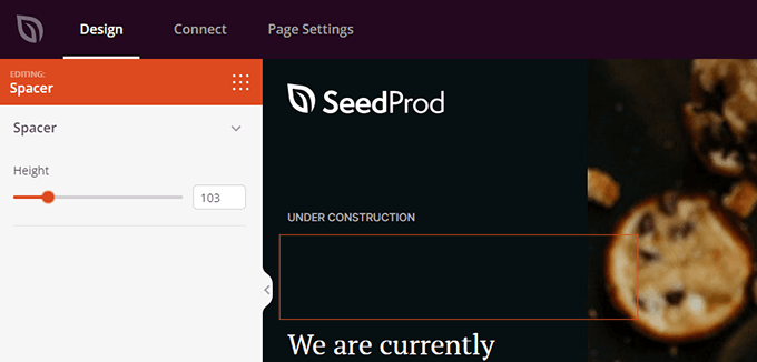 使用滑块来调整SeedProd Spacer块的高度