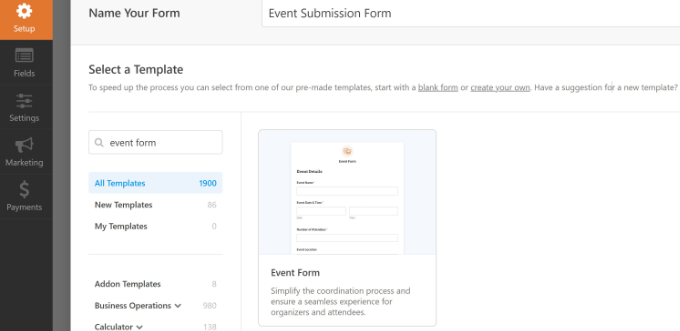 Select event form template