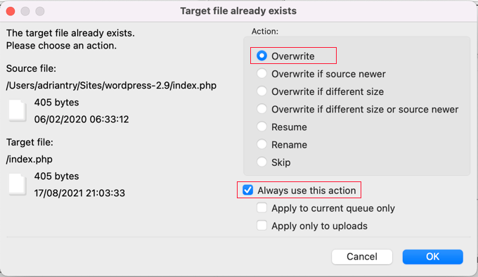 Substituindo seus arquivos atuais do WordPress usando FTP