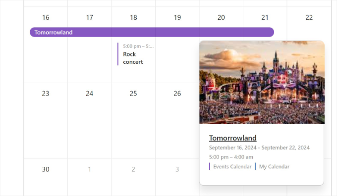 View event in calendar preview