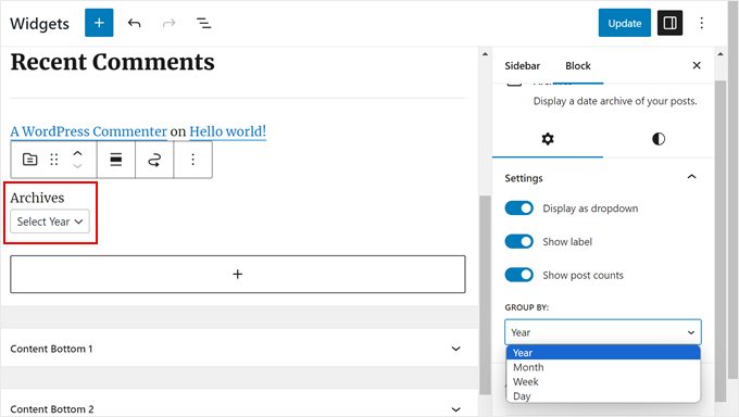 Configuring the Archives block settings in the sidebar