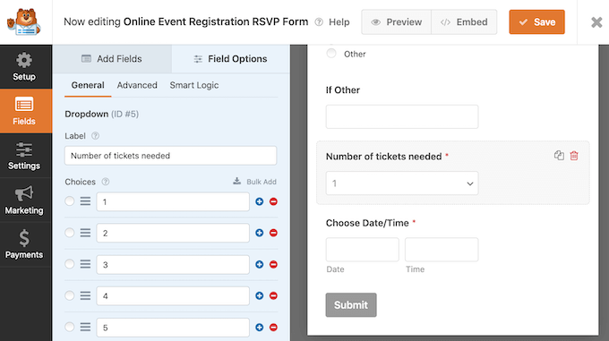 Editing a field in WPForms.