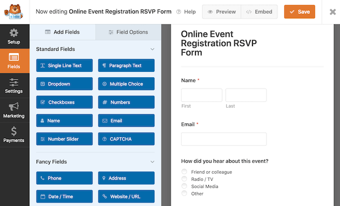 WPForms' online RSVP template.