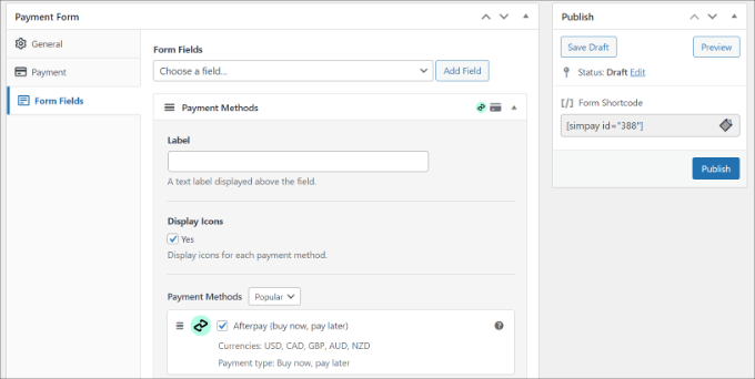 Choose Afterpay payment method and publish the form