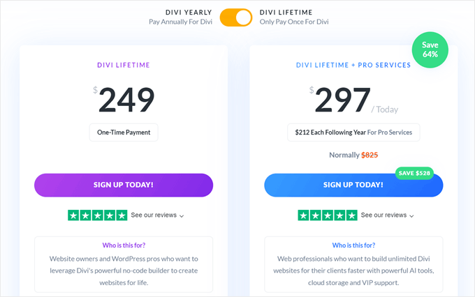 Divi's lifetime pricing