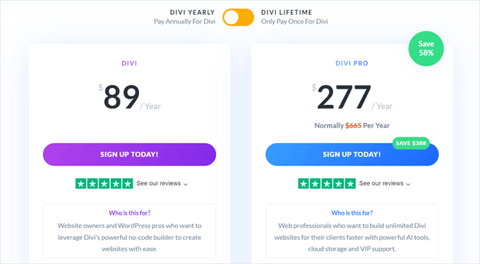 Divi's yearly pricing