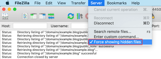 Showing hidden files in FileZilla