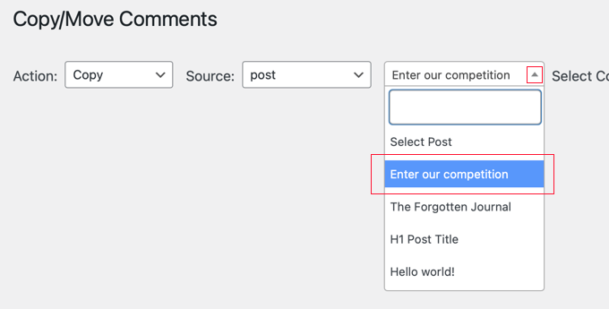 Selecting a source WordPress page or post