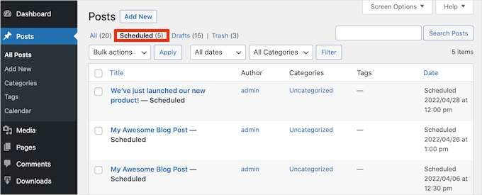 The Scheduled tab, in the WordPress dashboard.