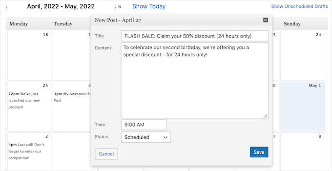 Scheduling a post in WordPress using the Editorial Calendar plugin