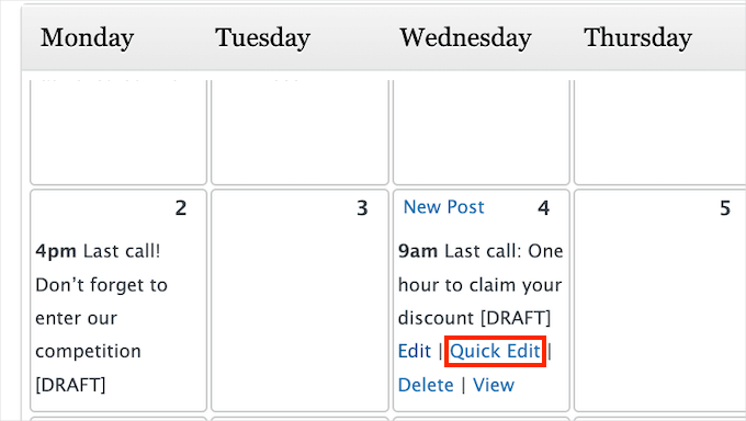 The Editorial Calendar 'Quick Edit' link