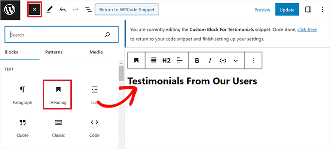 Add heading block for the testimonials block