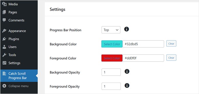 Editing the Catch Scroll Progress Bar settings