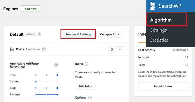 Click the Sources and Settings button