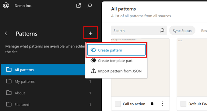 Create pattern in site editor