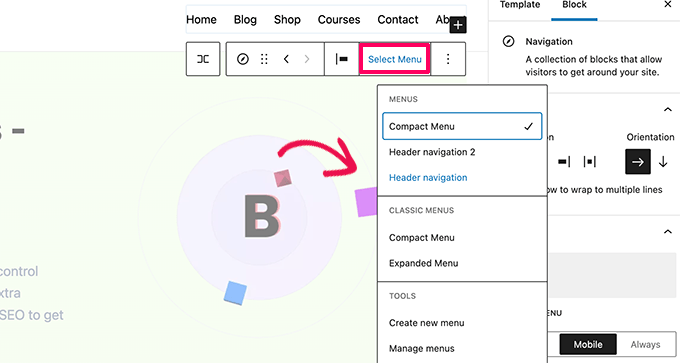 Create and manage menus in navigation block