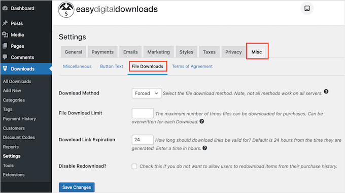 The download expiration settings