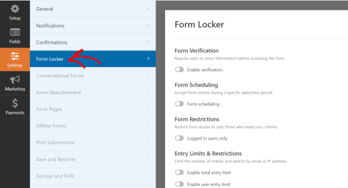 Go to form locker settings