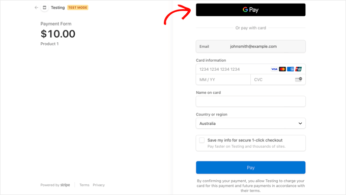 使用 Google Pay 进行 Stripe 结账预览