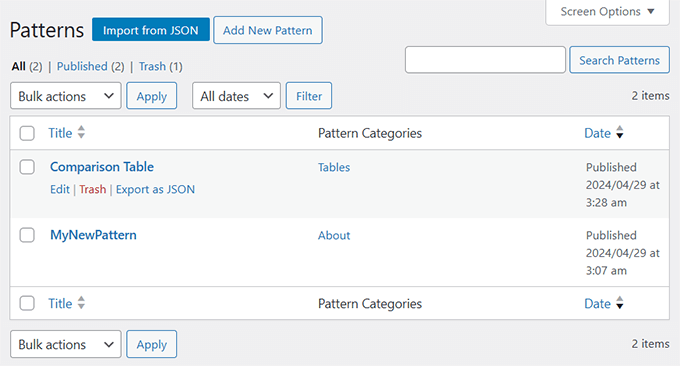 List view to manage all your patterns