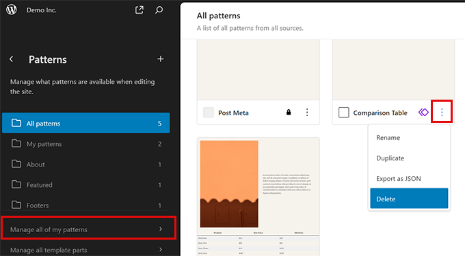 Manage patterns shortcut