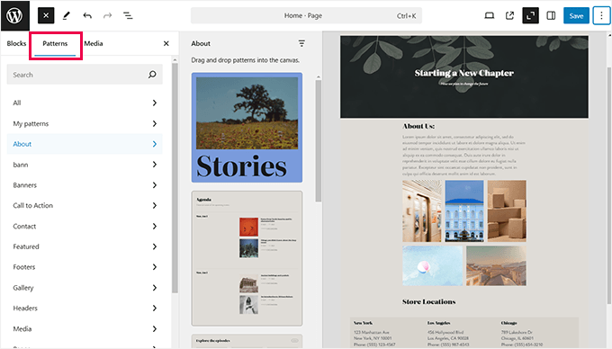 Patterns in WordPress block editor